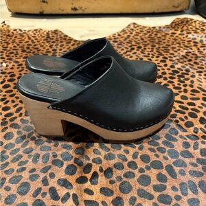 Charlotte Stone Black Leather Clog Mules with Natural Wood Heel